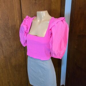 Zara Womens Top Barbie Pink Large Puff Sleeve Ribbed Square Neck Coquette